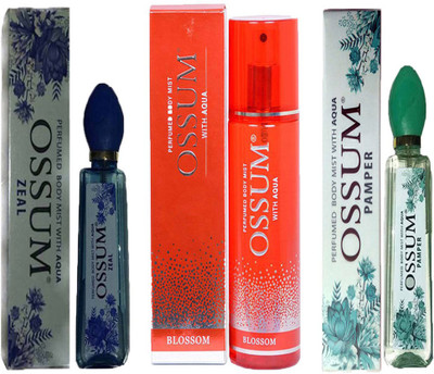 OSSUM ZEAL PERFUMED BODY MIST 115ML+ BLOSSOM PERFUMED BODY MIST 190ML+ PAMPER PERFUMED BODY MIST 115ML Deodorant Spray - For Men & Women(115 ml, Pack of 3)
OSSUM ZEAL PERFUMED BODY MIST 115ML+ BLOSSOM PERFUMED BODY MIST 190ML+ PAMPER PERFUMED BODY MIST 115ML Deodorant Spray - For Men & Women(115 ml, Pack of 3)