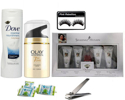 Pink Rebellion Eyelashes & Dove Essential Nourishment Body Lotion & Olay Anti Ageing Day Cream & Shahnaz Hussain Daiamond Plus Facial Kit & Magic Napkin 3 With Nail Clipper(Set of 6)