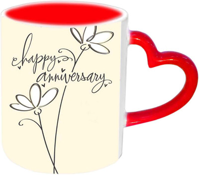 Raj Laxmi Happy Anniversary Red Heart Handle Ceramic Mug(350 ml)