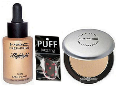 DAZZLING Silicon Puff & Mac Pre+Prime Highlight Skin base Visage & Compact(Set of 3)
