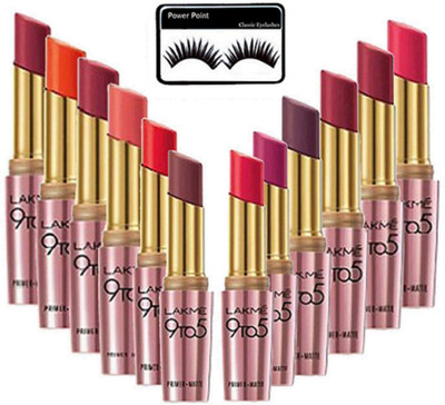 power point Eyelashes&Lakme9TO5 Lipstick Pak Of 12(Set of 13)