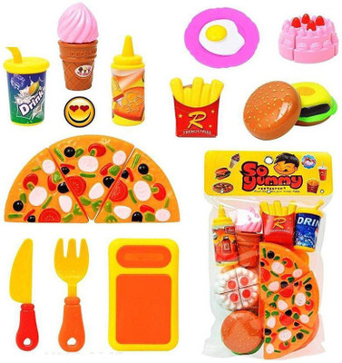 Ramakada Plastic Kitchen/Restaurant Role Pretend Pizza Cutting Play Fast Food Set (Multi-Colour)