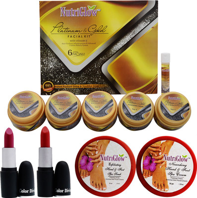 NutriGlow Combo of Platinum - Gold Facial and Hand - foot spa kit with Lipsticks(Set of 1)
NutriGlow Combo of Platinum - Gold Facial and Hand - foot spa kit with Lipsticks(Set of 1)