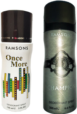 RAMSONS ONCE MORE DEODORANT SPRAY 150ML+CHAMPION DEODORANT SPRAY 200ML Deodorant Spray - For Men(150 ml, Pack of 2)
RAMSONS ONCE MORE DEODORANT SPRAY 150ML+CHAMPION DEODORANT SPRAY 200ML Deodorant Spray - For Men(150 ml, Pack of 2)