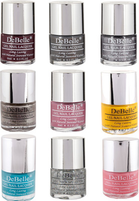 DeBelle Nail Polish Combo offer kit of 9 (Dark Maroon,Dark Brown,Silver Glitter,Glitter,Light Majenta,Yellow,Turquoise Blue,Shimmer Top Coat,Pink) Gift for girls(Pack of 9)