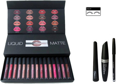 Butees18 Huda Beauty COMBO OF Lipstick Set of 15 Mac 3 in 1 WITH 1 PAIR EYELASHES(Set of 3)