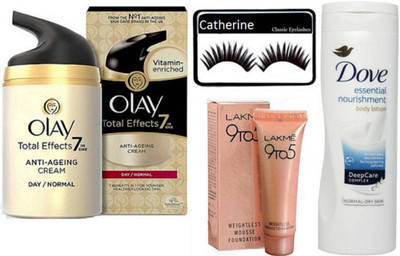 catherine eyelashes, olay total effects 7 in one cream, lakme 9to5 mousse foundation, Dove essential nourishment body lotion(Set of 4)
catherine eyelashes, olay total effects 7 in one cream, lakme 9to5 mousse foundation, Dove essential nourishment body lotion(Set of 4)