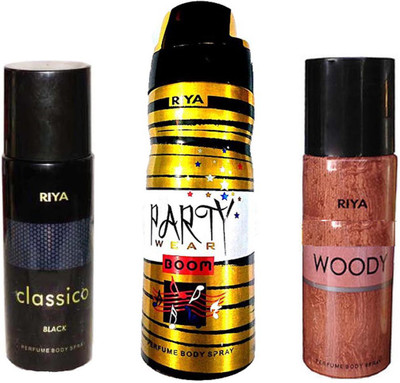 Riya CLASSICO BLACK+ PARTY WEAR BOOM+ WOODY Deodorant Spray - For Men & Women(150 ml, Pack of 3)
Riya CLASSICO BLACK+ PARTY WEAR BOOM+ WOODY Deodorant Spray - For Men & Women(150 ml, Pack of 3)
