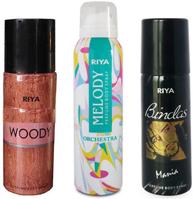 Riya WOODY+ BINDAS MANIA+ MELODY Deodorant Spray - For Men & Women(150 ml, Pack of 3)
Riya WOODY+ BINDAS MANIA+ MELODY Deodorant Spray - For Men & Women(150 ml, Pack of 3)