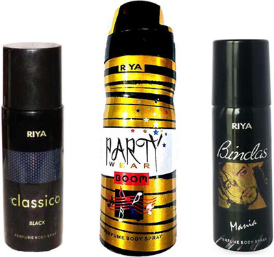 Riya CLASSICO BLACK+ PARTY WEAR BOOM+ BINDAS MANIA Deodorant Spray - For Men & Women(150 ml, Pack of 3)
Riya CLASSICO BLACK+ PARTY WEAR BOOM+ BINDAS MANIA Deodorant Spray - For Men & Women(150 ml, Pack of 3)