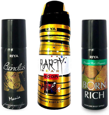 Riya BORN RICH PERFUME BODY SPRAY 150ML+ PARTY WEAR BOOM PERFUME BODY SPRAY 200ML+BINDAS MANIA PERFUME BODY SPRAY 150ML Deodorant Spray - For Men(150 ml, Pack of 3)
Riya BORN RICH PERFUME BODY SPRAY 150ML+ PARTY WEAR BOOM PERFUME BODY SPRAY 200ML+BINDAS MANIA PERFUME BODY SPRAY 150ML Deodorant Spray - For Men(150 ml, Pack of 3)
