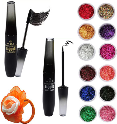 ADS Waterproof Eyeliner, Mascara, Nail Arts Glitter Powder (12 PCS) and Band(Set of 15)