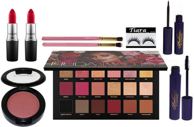 TIARA Eyelashes , Huda Beauty Rose Gold Eye Shadow Palette , Mac Padma Eyeliner & Mascara , MakeUp Brush pack Of 2 , Matte finish Lipstick Pack Of 2 , Blusher(Set of 9)