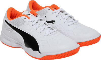 Puma Boys & Girls Lace Badminton Shoes(White, White- black-shocking orange