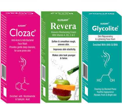 Elegant Clozac Anti - Acne & Anti - Bacterial, Revra Cream With Glycolite Skin Rejuvenating & Lightening(Set of 3)
Elegant Clozac Anti - Acne & Anti - Bacterial, Revra Cream With Glycolite Skin Rejuvenating & Lightening(Set of 3)