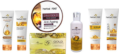 Herbaltree Combo Pack Gold Bleach 42gm, 24ct Gold Scrub 180gm, Gold Lotion 100ml & 24ct Gold Face Wash, Scrub, Pack, Cream 120ml Pack Of 7(Set of 1)
Herbaltree Combo Pack Gold Bleach 42gm, 24ct Gold Scrub 180gm, Gold Lotion 100ml & 24ct Gold Face Wash, Scrub, Pack, Cream 120ml Pack Of 7(Set of 1)