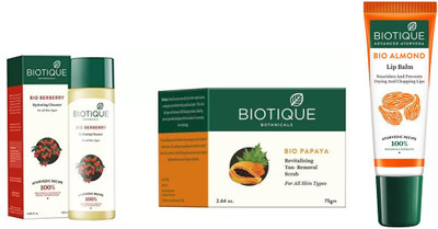 BIOTIQUE BIO Berberry Hydrating Cleanser, Papaya Revitalizing Tan-Removal Scrub, lip balm(Set of 3)
BIOTIQUE BIO Berberry Hydrating Cleanser, Papaya Revitalizing Tan-Removal Scrub, lip balm(Set of 3)