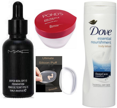 Ultimate Silicon Puff & Mac hyper Real Foundation & Dove Body Lotion With Pond's Age Miracle Day Cream(Set of 4)
Ultimate Silicon Puff & Mac hyper Real Foundation & Dove Body Lotion With Pond's Age Miracle Day Cream(Set of 4)