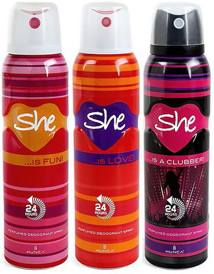 She Deodorant - Pack of 3 (Fun Love Clubber) For Women By Deodorant Spray - For Women(450 ml, Pack of 3)
She Deodorant - Pack of 3 (Fun Love Clubber) For Women By Deodorant Spray - For Women(450 ml, Pack of 3)