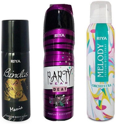 Riya MELODY PERFUME BODY SPRAY 150ML+RIYA PARTY WEAR BEAT PERFUME BODY SPRAY 200ML+BINDAS MANIA PERFUME BODY SPRAY 150ML Deodorant Spray - For Men(150 ml, Pack of 3)
Riya MELODY PERFUME BODY SPRAY 150ML+RIYA PARTY WEAR BEAT PERFUME BODY SPRAY 200ML+BINDAS MANIA PERFUME BODY SPRAY 150ML Deodorant Spray - For Men(150 ml, Pack of 3)