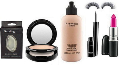 dazzling Silicon Puff with Eyeliner & Lipstick & Compact & Foundation & Eyelashes(Set of 6)