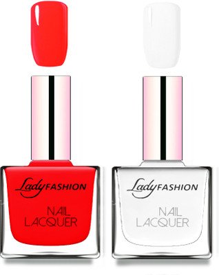 Lady Fashion Cube Shaped Made In India Nail Polish Juicy Red, White(Pack of 2)