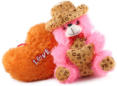 Kala Studio Combo Baby Pink Teddy Bear With Orang Heart Pillow - 32 cm(Red)