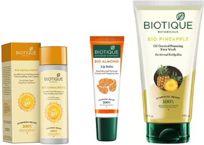 BIOTIQUE BIO Sandalwood Ultra Soothing Face Lotion 50+ SPF UVA/UVB, Pineapple Oil Control Foaming Face Wash, LIP BALM(Set of 3)
BIOTIQUE BIO Sandalwood Ultra Soothing Face Lotion 50+ SPF UVA/UVB, Pineapple Oil Control Foaming Face Wash, LIP BALM(Set of 3)
