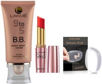 Ultimate Sponge puff,Lakme 9to5 BB Bright Benefit Cream, Primer + Matte Lipstick(Set of 3)