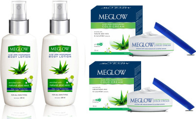 Meglow Aloe Vera & cucumber Body Lotion and cold cream combo(Set of 4)