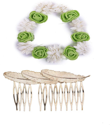 Chooz Designer Studio Beautiful Gajra for Hair and Golden Leaf Comb Hair Clip Bun Clip, Hair Clip(Green)