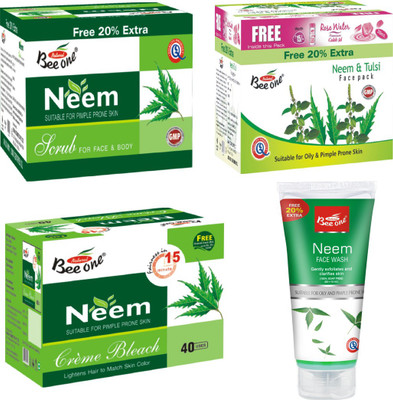 BEEONE NEEM TULSI FACE PACK,NEEM FACE WASH,NEEM SCRUB, NEEM BLEACH COMBO PACK (PACK OF 4, 550 GM)(Set of 4)