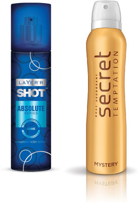 Layer Shot Absolute GAME 1pc. & S. Temptation MYSTERY 1pc. Pack of 2 Deodorant Spray - For Men & Women(285 ml, Pack of 2)
Layer Shot Absolute GAME 1pc. & S. Temptation MYSTERY 1pc. Pack of 2 Deodorant Spray - For Men & Women(285 ml, Pack of 2)