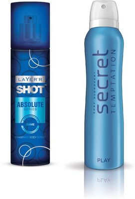 Layer Shot Absolute GAME 1pc. & S. Temptation PLAY 1pc. Pack of 2 Deodorant Spray - For Men & Women(285 ml, Pack of 2)
Layer Shot Absolute GAME 1pc. & S. Temptation PLAY 1pc. Pack of 2 Deodorant Spray - For Men & Women(285 ml, Pack of 2)