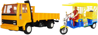 E-Chariot E-Auto Rickshaw & AL Cargo toy Truck Como Pack(Yellow, Blue), Blue;yellow