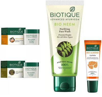 BIOTIQUE BIO ALMOND SOOTHING & NOURISHING EYE CREAM, SEA WEED REVITALIZING ANTI-FATIGUE EYE GEL, Neem Purifying Face Wash, LIP BALM(Set of 4)
BIOTIQUE BIO ALMOND SOOTHING & NOURISHING EYE CREAM, SEA WEED REVITALIZING ANTI-FATIGUE EYE GEL, Neem Purifying Face Wash, LIP BALM(Set of 4)