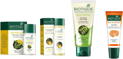 BIOTIQUE BIO Dandelion Ageless Lightening Serum, PINEAPPLE OIL CONTROL FACE CLEANSERNeem Purifying Face Wash , LIP BALM(Set of 4)
BIOTIQUE BIO Dandelion Ageless Lightening Serum, PINEAPPLE OIL CONTROL FACE CLEANSERNeem Purifying Face Wash , LIP BALM(Set of 4)