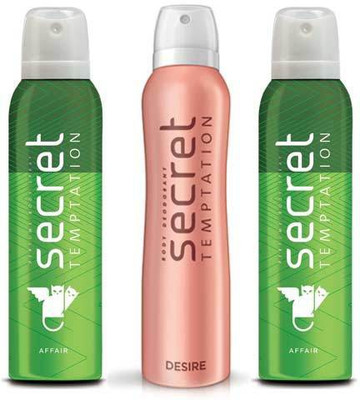Secret Temptation 2 Affair and 1 Desire Deodorant Combo Pack for women 150 ML each (Pack of 3) Deodorant Spray - For Women(450 ml, Pack of 3)
Secret Temptation 2 Affair and 1 Desire Deodorant Combo Pack for women 150 ML each (Pack of 3) Deodorant Spray - For Women(450 ml, Pack of 3)