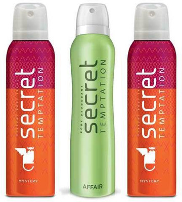 Secret Temptation 1 Affair and 2 Mystery 150 ML each Deodorant Spray - For Women(450 ml, Pack of 3)
Secret Temptation 1 Affair and 2 Mystery 150 ML each Deodorant Spray - For Women(450 ml, Pack of 3)