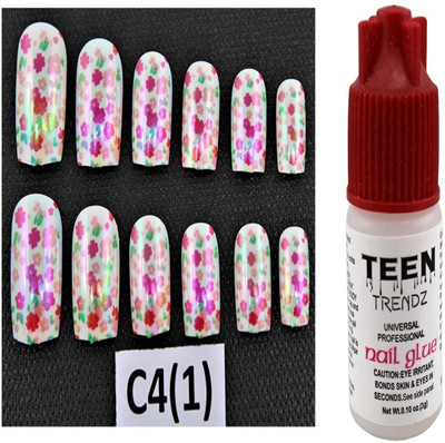 Ear Lobe & Accessories Round Tip Full Cover Glossy Nails With Glue 12 Pcs C4(1) Multicolour(Pack of 12)