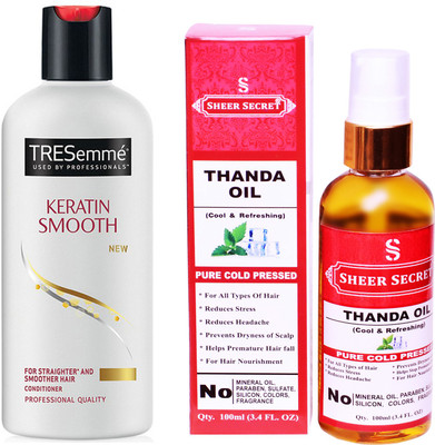 SHEER SECRET THANDA OIL 100ML (PURE COLD PRESSED) and TRESEMME 190 ML KERATIN SMOOTH CONDITIONER(Set of 2)
SHEER SECRET THANDA OIL 100ML (PURE COLD PRESSED) and TRESEMME 190 ML KERATIN SMOOTH CONDITIONER(Set of 2)
