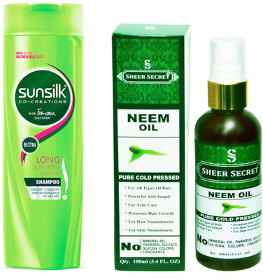 SHEER SECRET NEEM OIL 100ML (PURE COLD PRESSED) and SUNSILK 180 ML LONG AND HEALTHY GROWTH SHAMPOO(Set of 2)
SHEER SECRET NEEM OIL 100ML (PURE COLD PRESSED) and SUNSILK 180 ML LONG AND HEALTHY GROWTH SHAMPOO(Set of 2)