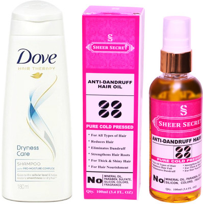 SHEER SECRET ANTI DANDRUFF OIL 100ML (PURE COLD PRESSED) and DOVE 180 ML DRYNESS CARE SHAMPOO(Set of 2)