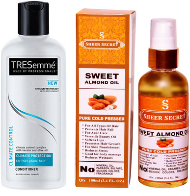 SHEER SECRET SWEET ALMOND OIL 100ML (PURE COLD PRESSED) and TRESEMME 190 ML CLIMATE CONTROL CONDITIONER(Set of 2)
SHEER SECRET SWEET ALMOND OIL 100ML (PURE COLD PRESSED) and TRESEMME 190 ML CLIMATE CONTROL CONDITIONER(Set of 2)