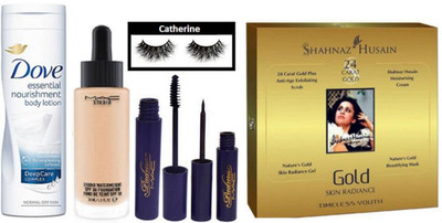 catherine eyelashes, padma eyeliner and mascara, studio waterweight foundation, essential nourishment body lotion, shahnaz husian gold facial kit(Set of 6) 
catherine eyelashes, padma eyeliner and mascara, studio waterweight foundation, essential nourishment body lotion, shahnaz husian gold facial kit(Set of 6)