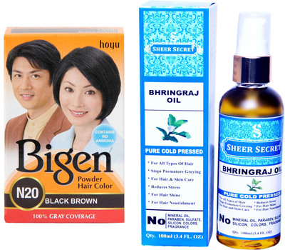 SHEER SECRET BHRINGRAJ OIL 100 ML (PURE COLDPRESSED) and HAIR COLOUR BLACK BROWN N20(Set of 2)