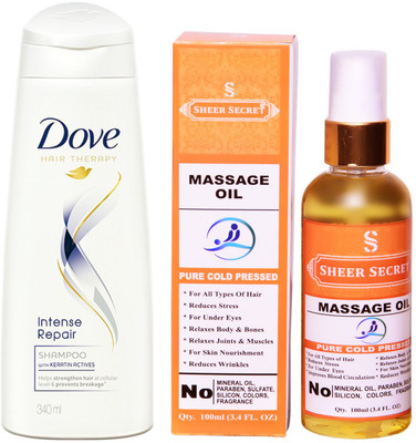 SHEER SECRET MASSAGE OIL 100ML (PURE COLD PRESSED) and 180 ML INTENSE REPAIR SHAMPOO(Set of 2)
SHEER SECRET MASSAGE OIL 100ML (PURE COLD PRESSED) and 180 ML INTENSE REPAIR SHAMPOO(Set of 2)