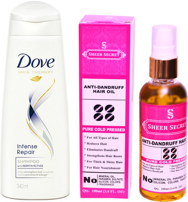 SHEER SECRET ANTI DANDRUFF OIL 100ML (PURE COLD PRESSED) and DOVE 180 ML INTENSE REPAIR SHAMPOO(Set of 2)
SHEER SECRET ANTI DANDRUFF OIL 100ML (PURE COLD PRESSED) and DOVE 180 ML INTENSE REPAIR SHAMPOO(Set of 2)