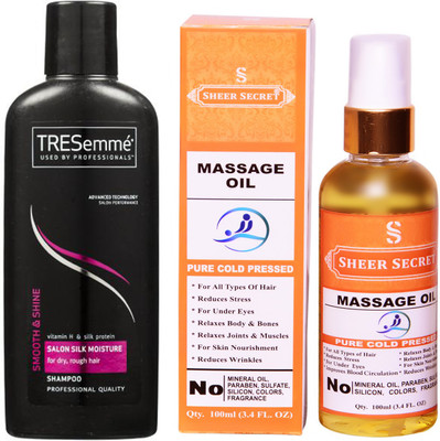 SHEER SECRET MASSAGE OIL 100ML (PURE COLD PRESSED) and TRESEMME 190 ML SALON SILK MOISTURE SHAMPOO(Set of 2)
SHEER SECRET MASSAGE OIL 100ML (PURE COLD PRESSED) and TRESEMME 190 ML SALON SILK MOISTURE SHAMPOO(Set of 2)