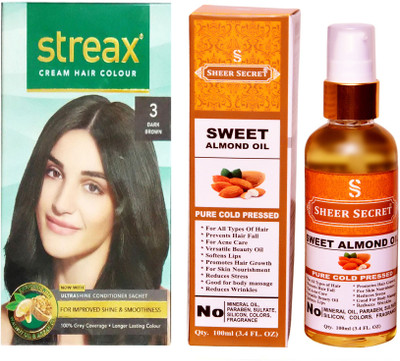 SHEER SECRET SWEET ALMOND OIL 100 ML (PURE COLDPRESSED) and STREAX COLOUR REGULAR DARK BROWN NO. 3(Set of 2)
SHEER SECRET SWEET ALMOND OIL 100 ML (PURE COLDPRESSED) and STREAX COLOUR REGULAR DARK BROWN NO. 3(Set of 2)